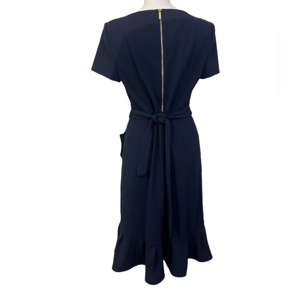 Calvin Klein dress 12 navy blue ruffle tie-waist knee length office career -5 - Picture 4 of 6
